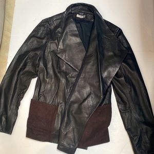 Kushi Black Leather Moto Jacket Brown Dotted Goat Suede Mesh Lined Coat High Low
